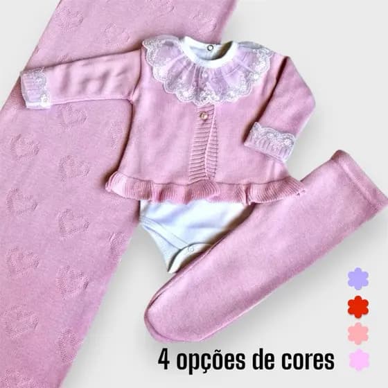 Kit Saída maternidade Menina em Tricô -  Casaco, Calça, Body Gola Renda e Manta Opcional