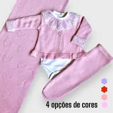 Kit Saída maternidade Menina em Tricô -  Casaco, Calça, Body Gola Renda e Manta Opcional