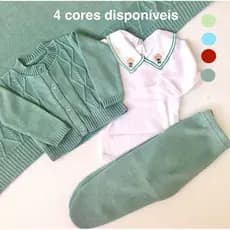 kit Saída de Maternidade Menino Conjunto Tricô - Casaco, Calça, Body Gola Bordada e Manta Opcional