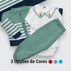 KIT Saída de Maternidade Conjunto em Tricô Listrado Menino - Casaco, Body, Calça e Manta Opcional