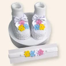 Kit Sapatinho Bebê Tricô com Faixa para Recém Nascido