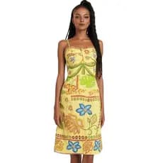 VESTIDO FEMININO MIDI ESTAMPADO JARDIM DE VERÃO FLORAL FRUTAS PLANTAS TROPICAL ALÇA FINA BOHO