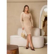 Vestido Feminino Tubinho com Gola Quadrada Tricot Moda Evangélica Clássico Premium