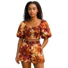 CONJUNTO FEMININO FLORAL – CROPPED BUFANTE + SHORTS CINTURA ALTA COM CINTO
