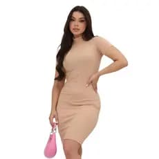 Vestido Feminino Canelado Gola Alta Manga Curta Casual Ajustado