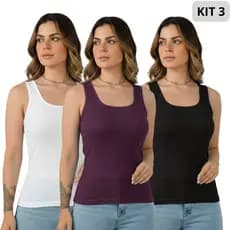 Kit 3 Regatas Feminina Ribana Canelada Malha Premium c/ Elastano Modelagem Básica Cores Sortidas