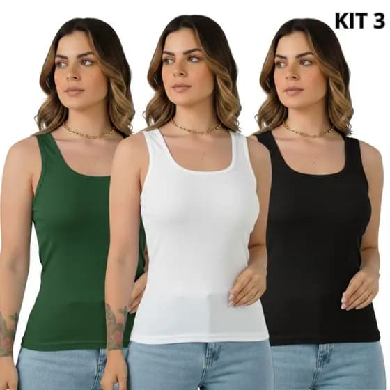 Kit 3 Regatas Feminina Ribana Canelada Malha Premium Cores Sortidas Modelagem Básica Fashion