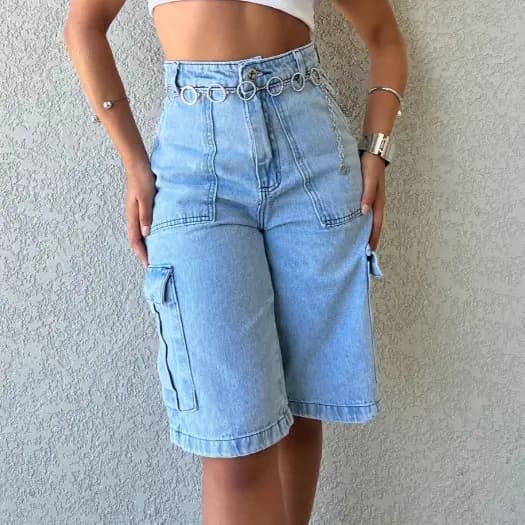 Short jeans feminina Bermuda cargo de mais bolso cintura alto Short Cargo Feminina Moda Street Tecido Algodão Premium