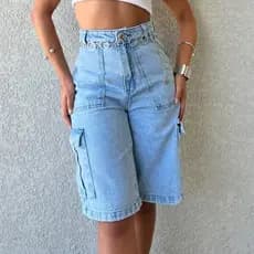 Short jeans feminina Bermuda cargo de mais bolso cintura alto Short Cargo Feminina Moda Street Tecido Algodão Premium