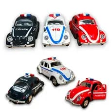 Carrinho de Ferro Fusca Miniatura Policia Bombeiro Ambulancia Abre Portas Capô