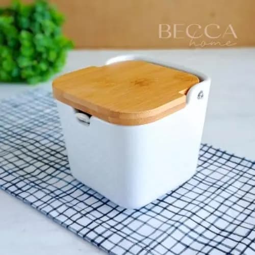Saleiro De Mesa Porcelana Com Tampa De Bambu E Colher