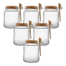 6 Potes de Vidro com Tampa de Rolha e Colher de Bambu 250ml