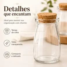 Kit 6 Potes de Vidro com Tampa de Rolha 110ml Organizador Leite Água Alimentos Tempero