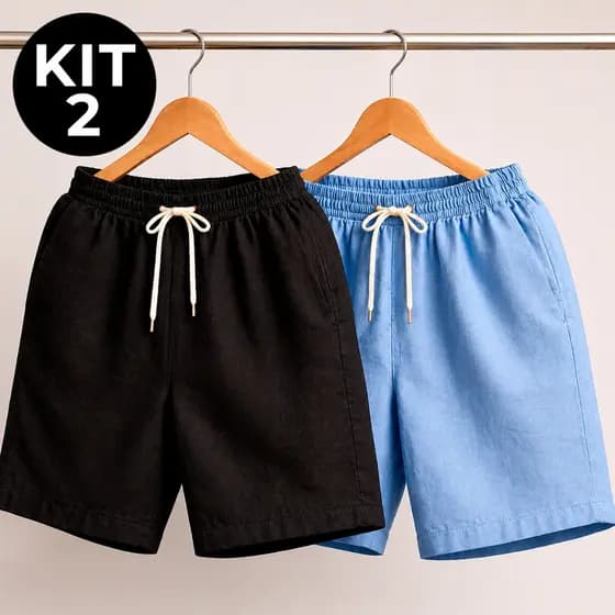 Kit 2 Short Linho Masculino Com Bolsos Premium Leve Casual Elástico Cordão Verão Confortáveis