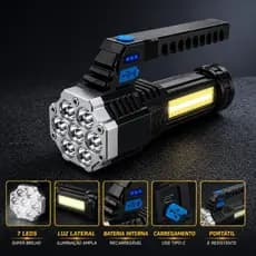 Lanterna LED Recarregável 7 LEDs Ultra Potente Multifuncional Lanterna mais forte do mundo carregamento USB/ Com alça