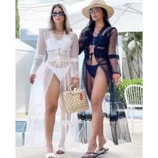 Saída de praia renda longa transparente