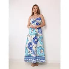 Vestido Feminino Longo Com Bojo Vazado Alça Regulável Estampa Tropical