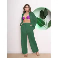 Conjunto saida de praia chamisa manga longa e calca com bolso na latera