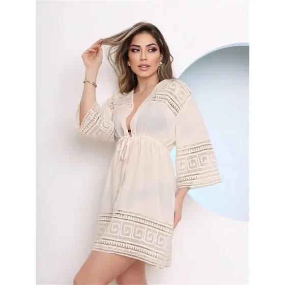 Saída de Praia Feminina Curta Kimono com Renda e Amarração