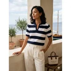 Blusa Tricot Listrada Feminina Gola Polo Manga Curta Premium
