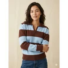 Blusa Feminina Tricot Gola Polo Listrada Inverno Manga Longa Premium Casual Outono Inverno Tendência