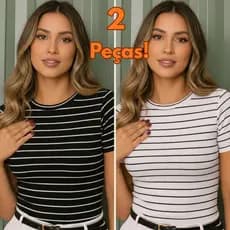 Kit 2 BLUSA LISTRADA MANGA CURTA - Blusinha Feminina Slim Canelada