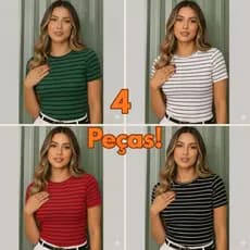 Kit 4 Blusa Feminina LISTRADA – Blusinha MANGA CURTA Ribana Canelada
