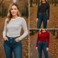 Kit C/3 Blusa Manga Longa Feminina LISTRADA Gola Redonda Tecido Canelado Premium TÊNDENCIA