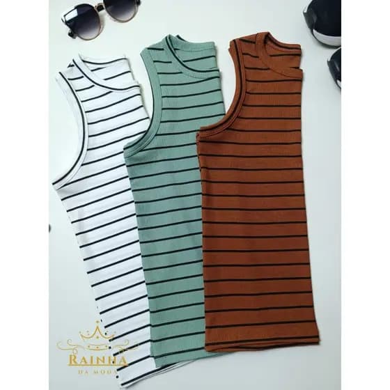 Kit 3 Regata Feminina Listrada Básica Bicolor Camiseta Canelada