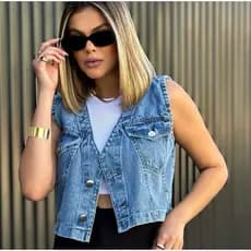 Jaqueta jeans colete bolso aba botão frente blusa 051