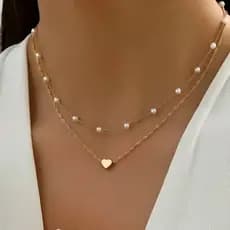 Conjunto gargantilha de pérolas e colar com pingente de coração pulseira