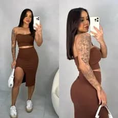 conjunto femenino Cropped com Bojo+saia midi com fenda na lateral moda verão