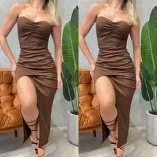 Vestido tubinho tomara que caia Midi Casual Decote Coração  fenda Elegante