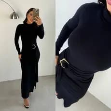 vestido femenino longo gola alta com cinto de Fivela ajustável