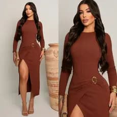 vestido midi manga longa transpassado fivela Novidade Festa Inverno Balada