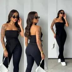 conjunto feminino tomara que caia moda gringa cropped com calça skinny