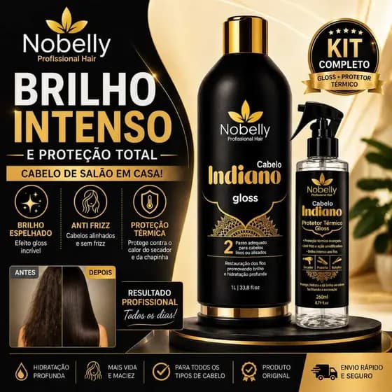 Escova Orgânica Gloss Capilar Indiano + Protetor Térmico Nobelly | Brilho Intenso, Anti Frizz e Proteção Total