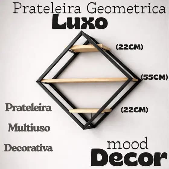 Nicho Decorativo Diamante Luxo Prateleira De Parede Ferro Preta E Madeira Pinus Resistente Design Moderno P/Organização