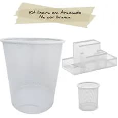 kit Escritório/Casa/Quarto Lixeira 10L Organizador Porta Canetas Lápis em Metal Aramado Branco