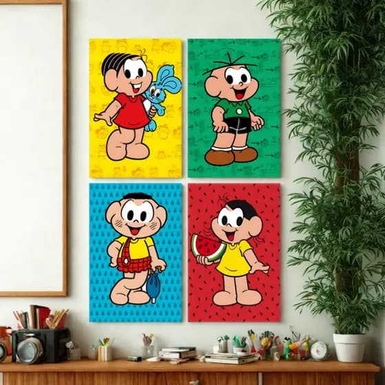 Kit Quadros Decorativos Turma da Mônica 4 Peças Sala Quarto Infantil Criança