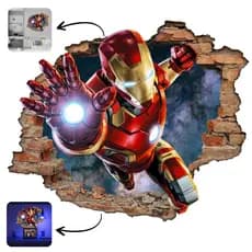 Adesivo Homem de Ferro Falso Buraco 3D Parede Decorativo Quarto Infantil