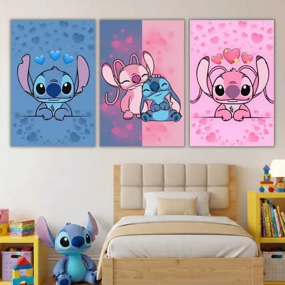 Kit 3 Quadros Stitch e Angel Infantil Decoração Quarto Criança
