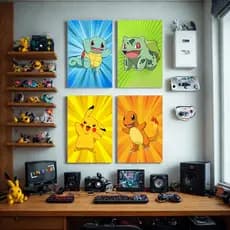 Kit 4 Quadros Decorativos Pokémon Pikachu Bulbasaur Charmander Squirtle
