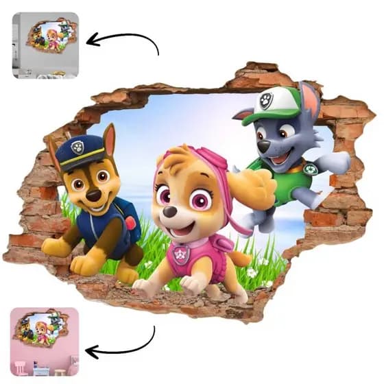 Adesivo Patrulha Canina Buraco Falso 3D Parede Decorativo Quarto Infantil