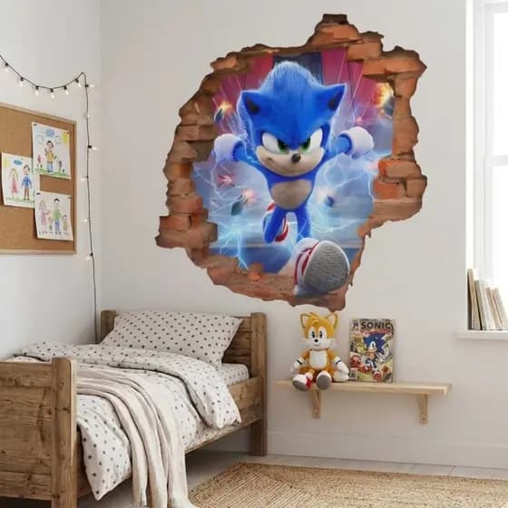 Adesivo Parede Sonic Decorativo Falso Buraco Parede Infantil Papel de Parede