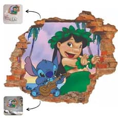 Adesivo Parede Stitch Lilo Decorativo Falso Buraco 3D Infantil Papel de Parede Quarto