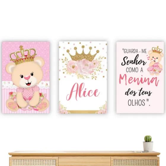 Kit 3 Peças Quadro Decorativo Quarto Infantil Personalizado Ursinha Rosa Bebê Princesa