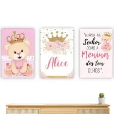 Kit 3 Peças Quadro Decorativo Quarto Infantil Personalizado Ursinha Rosa Bebê Princesa