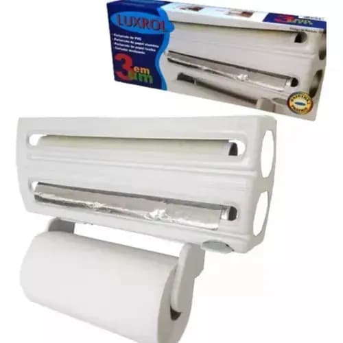 Suporte Porta Papel Toalha Rolo Alumínio Filme Branco Cozinha Prático Corte LuxRol 3x1