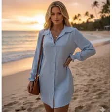 Chemise Feminino Camisão Vestido Dunas com Botões Manga Longa Elegante Saida de Praia